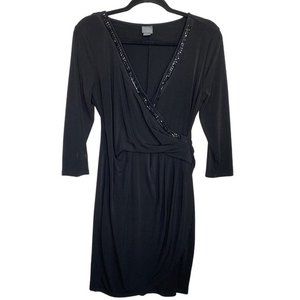Covington Faux Wrap Dress Shiny Black Embellishment Little Black Cocktail Medium